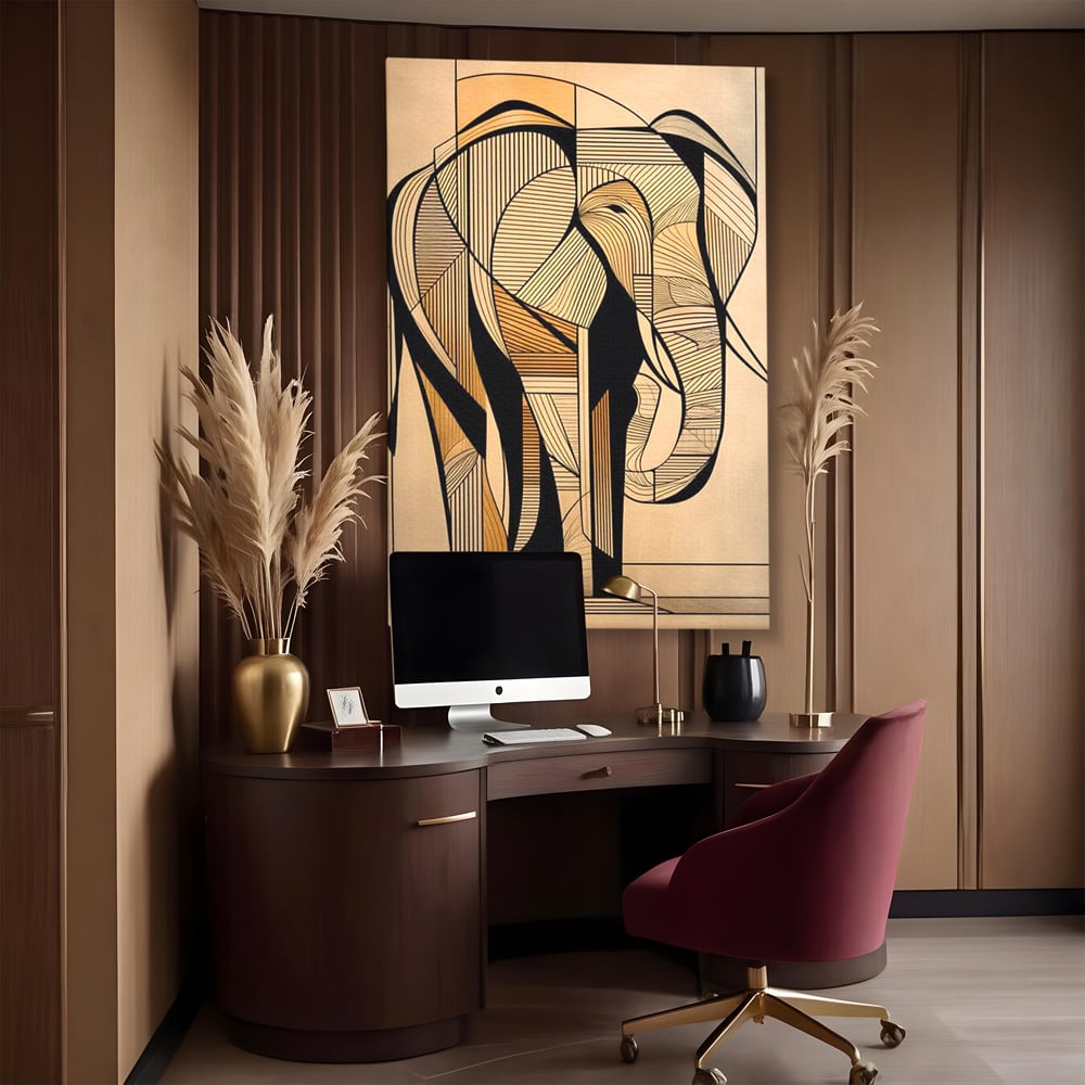 Tablou canvas cu tablou canvas cu elefant geometric, fara rama, pe sasiu de lemn, pe perete intr-un birou